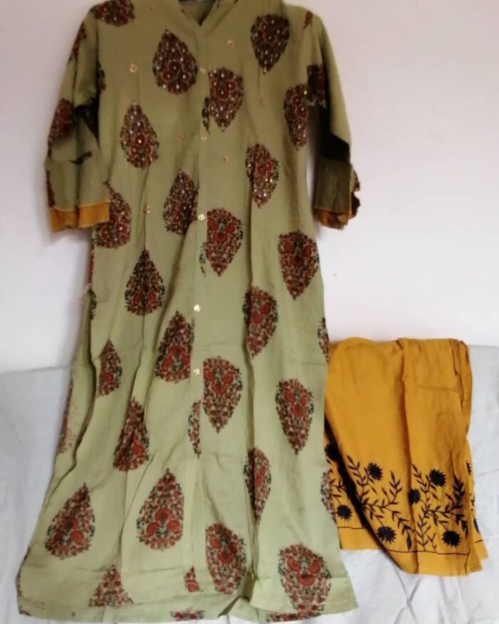 Rayon Printed Mehandi Colour Kurta with Yellow Colour Palzzo with Embroidery