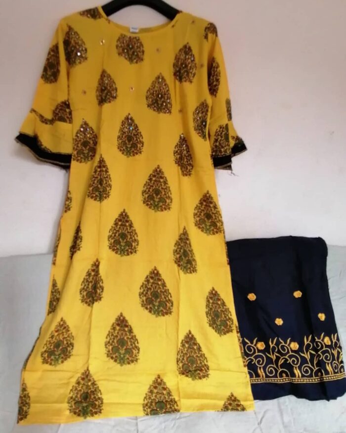 Rayon Printed  Mustard Yellow Kurta with Palazzo with Embroidery